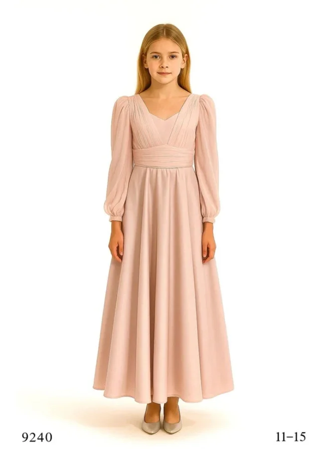 فيا بامبينو Blush Chiffon Long-Sleeve V-Neck Gown